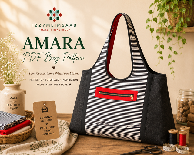 Amara Structured Tote Bag PDF Sewing Pattern – Contrast Zipper Pockets (Instant Download)