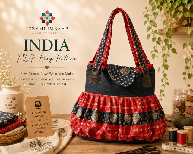 India - Upcycled Denim Boho Bag PDF Sewing Pattern, Ruffled, Beaded Trim (Instant Download)